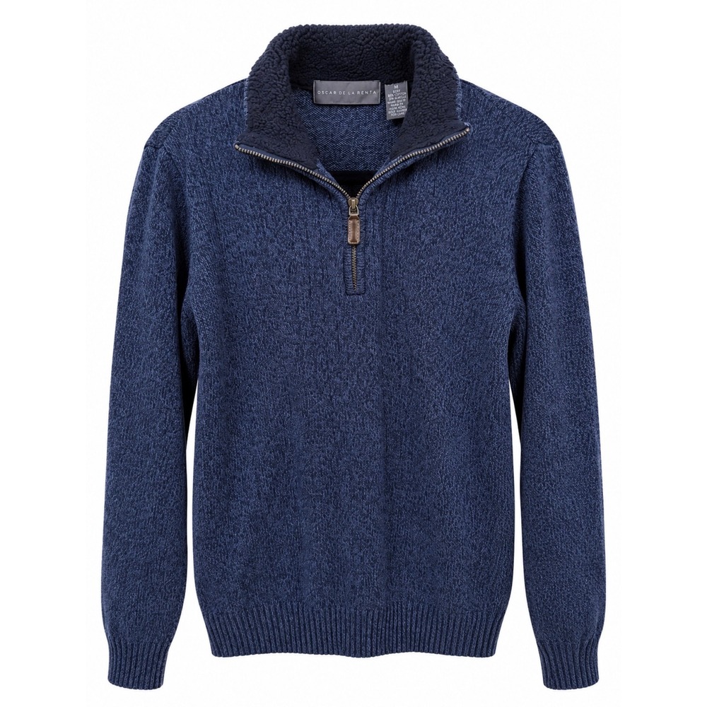 Oscar de la Renta Quarter Zip Sweater Mens Medium Navy Blue Excellent Sherpa